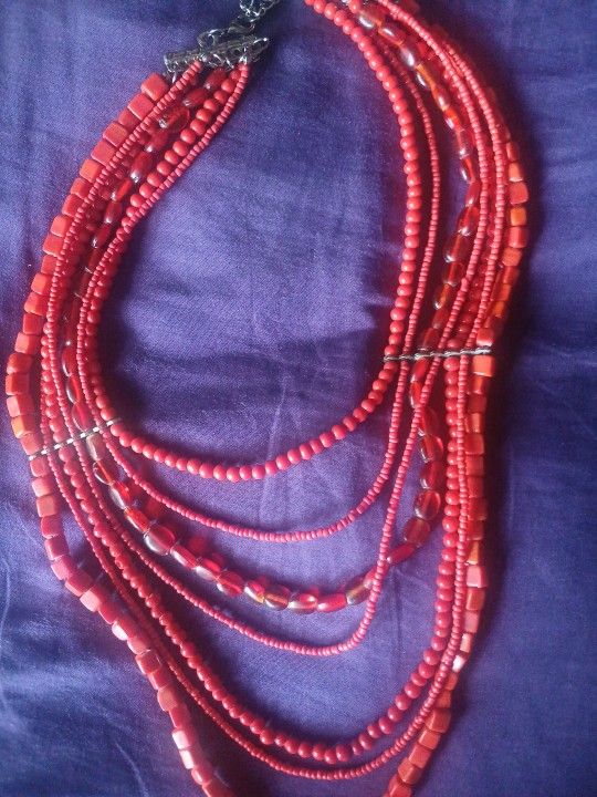 Genuine Vintage Handcrafted Sterling Silver 22" Multistrand Red Coral Necklace