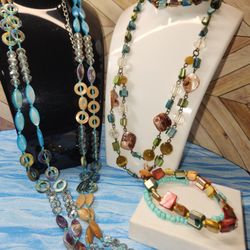 #2100, NATURAL SHELL PEARLS, & TURQUOISE, 2 NECKLACES AND 3 BRACE;ETS
