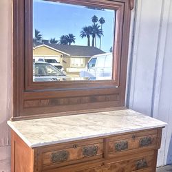 Gorgeous Antique Victorian Eastlake Walnut Burl Marble Top Dresser & Mirror