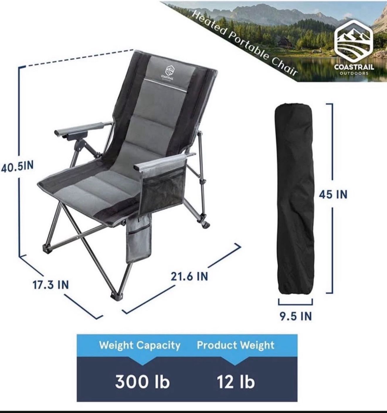 Brand New Coastrail Outdoor Camping Chair Adjustable 3 Position Reclining Folding Lounge Charis for Adult 3 Temperature Controls Power, #17 Navy blu