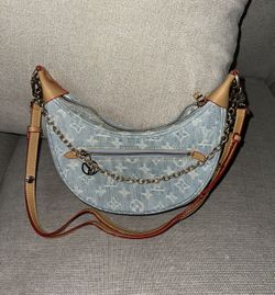 Monogram Denim Loop handbag in sky blue with natural cowhide-leather trim and gold-tone hardware