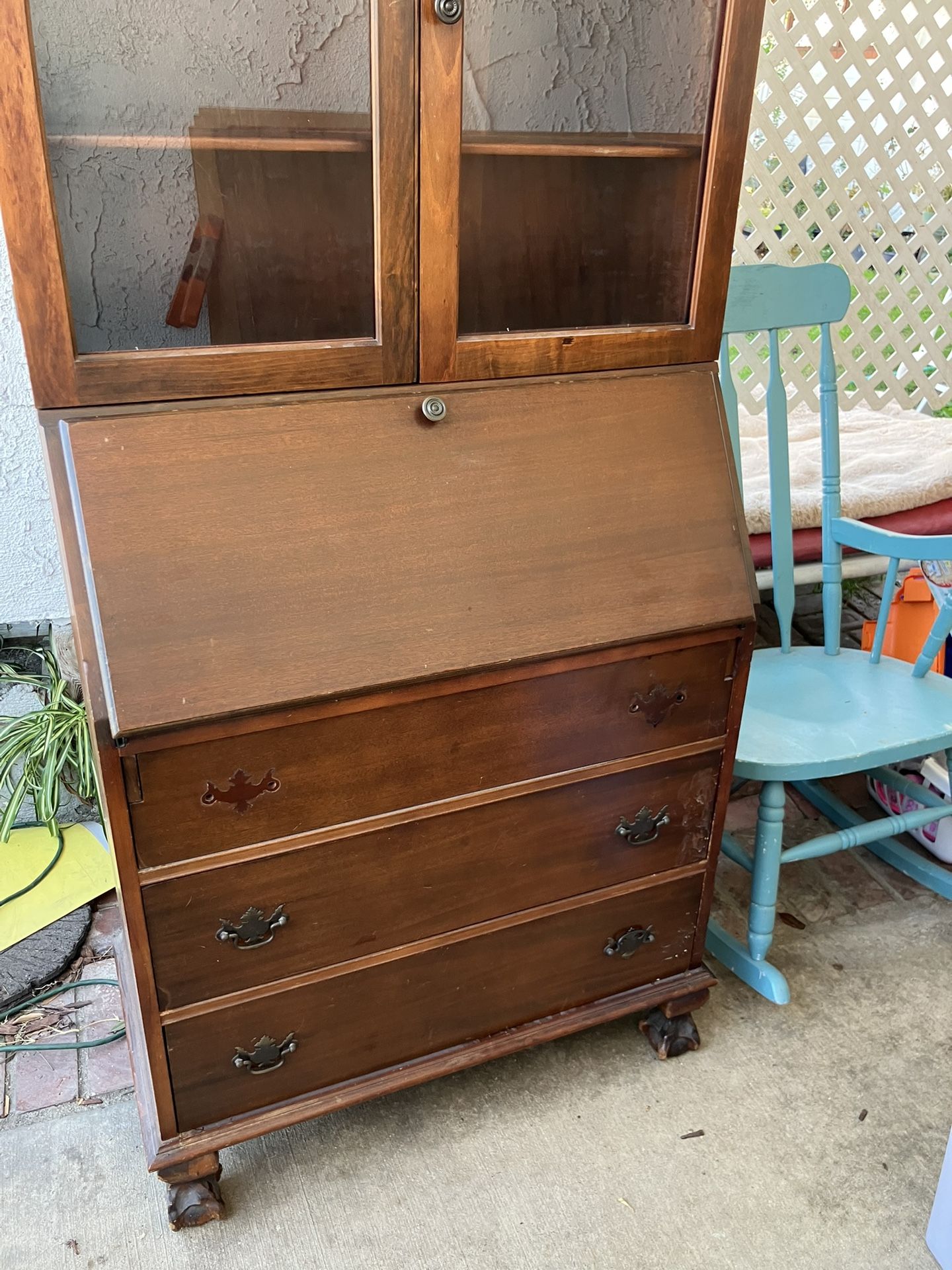 Antique Solid Wood Secretary Desk Shelves Cabinets Drawers Storage