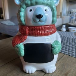 St. Nicholas Square North Pole Polar Bear Chalkboard Cookie Jar 10" Tall