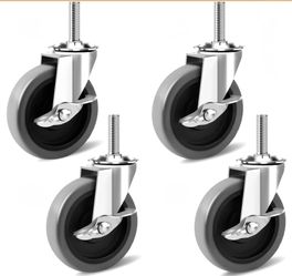 Besitu 4 Inch Caster Wheels, 1/2"-13 Inch Course Threaded Stem Caster Set Of 4 With Side Brake, Heavy Duty TPR Swivel Caster Wheels For Dolly Cart, Wi