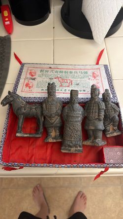 Vintage Chinese Terracotta Warrior Figurine Set w/ Original Box – 6 Pieces