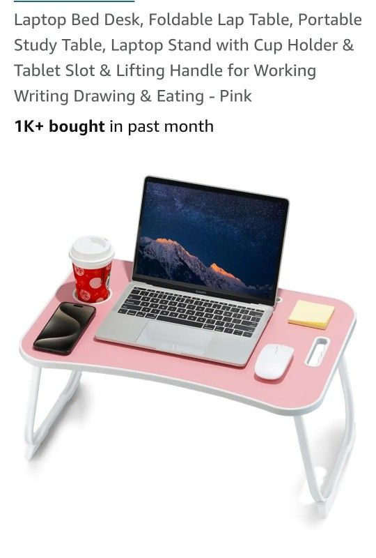 Laptop Bed Desk, Foldable Lap Table, Portable Study Table, Laptop Stand with Cup Holder & Tablet Slot & Lifting Handle for Working Writing Drawing