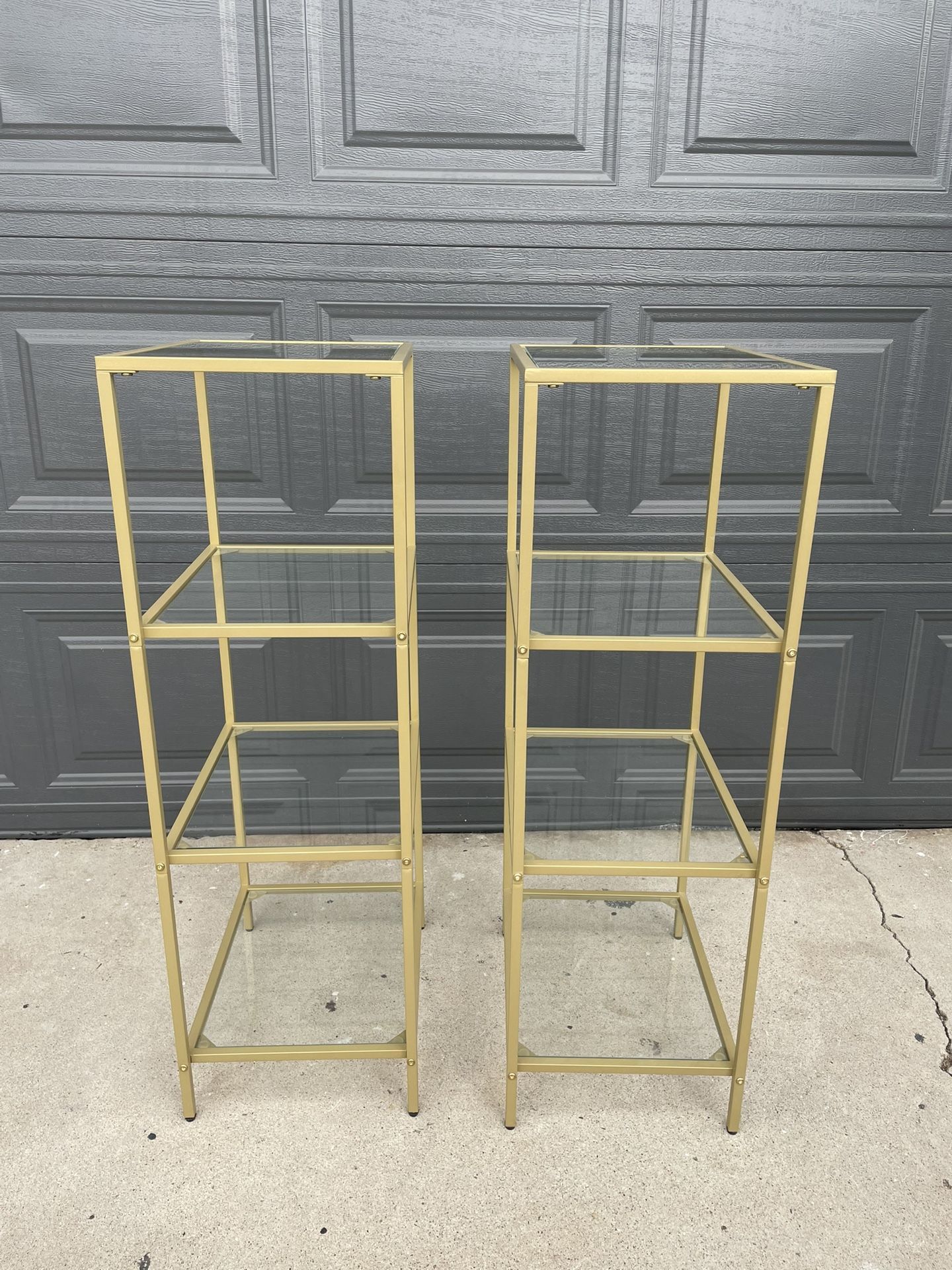 Set Of 2 Brass Gold And Glass Small Book Shelf End Tables Or Night Stands Boho Modern Nightstands Pair Side Tables Minimalist West Elm Mid CenTury