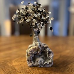 Gemstone Tree with Geode Base - 7.5” Tall - Black & Clear Stones