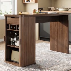 59'' Wooden Kitchen Island With Storage, Rectangular Bar Table With Drawer And Wine Rack