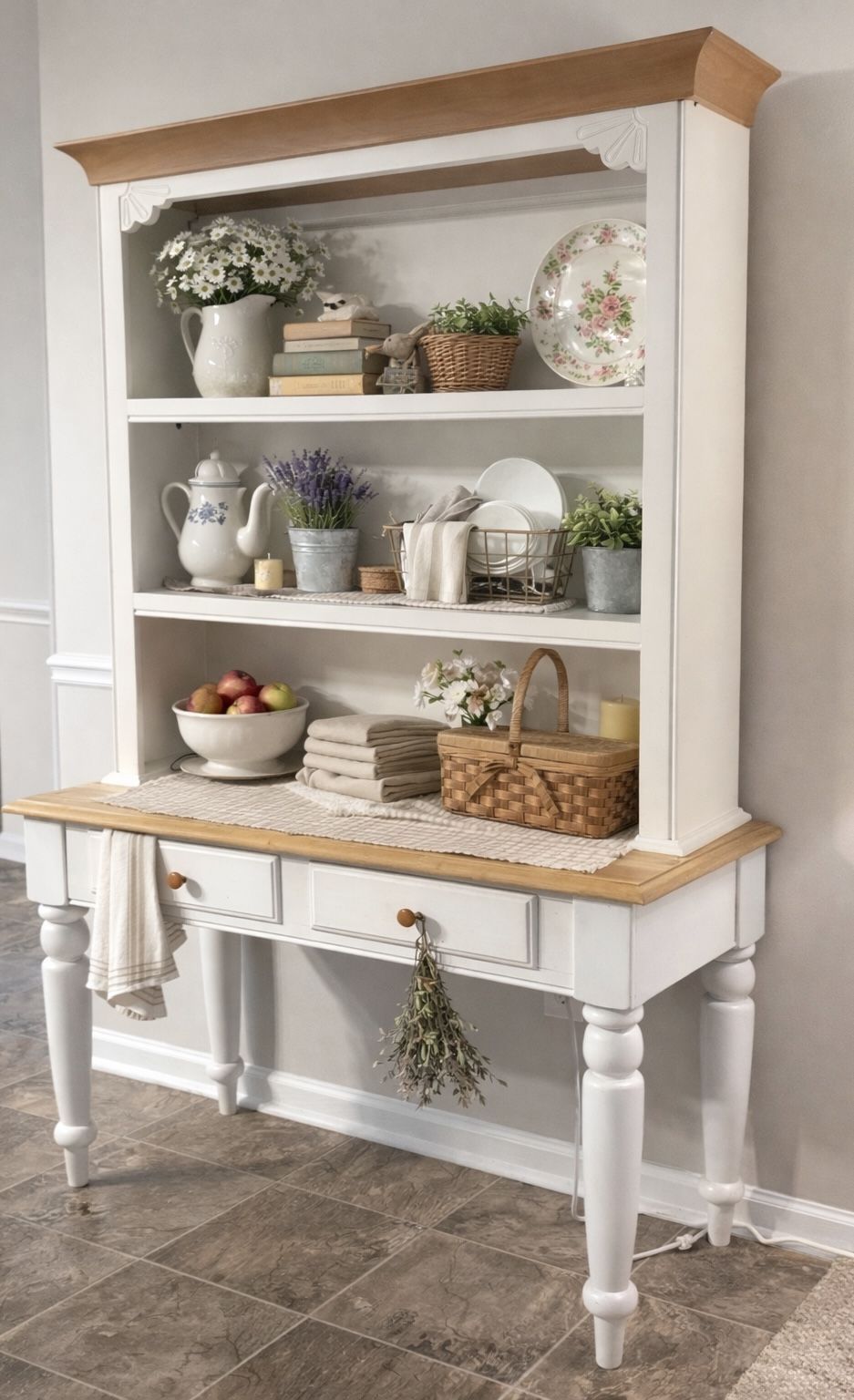 Farmhouse Ivory & Wood Open Shelf Hutch