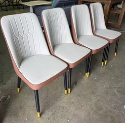 New assembled set of 4 Dining Chair with a Light Gray Brown Dual Tone PU Leather backrest and Black Metal Legs, Suitable for Kitchens, bedrooms, and O
