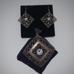 Vintage Sterling Silver CZ Pendant & Earrings Set
