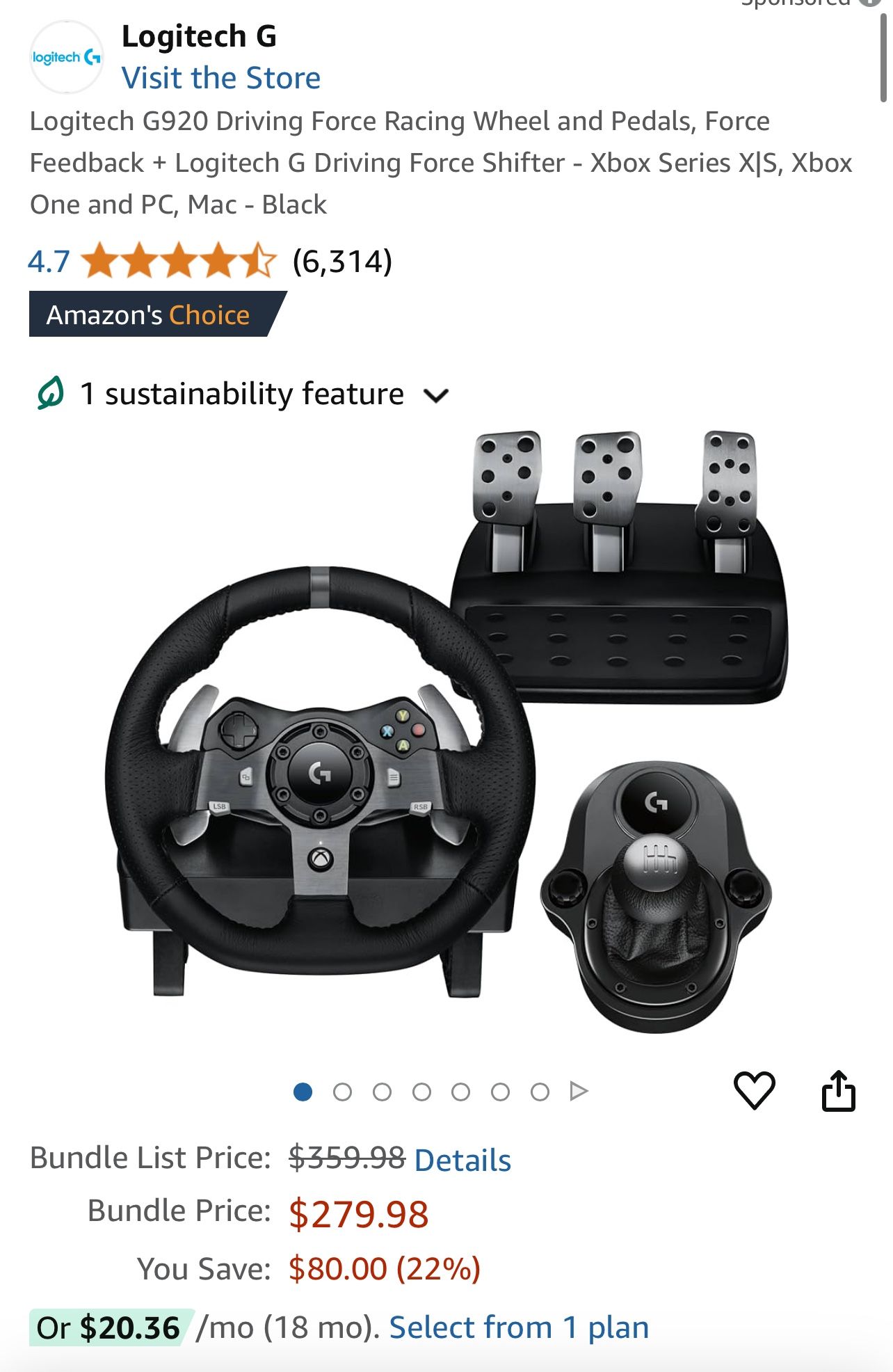 Logitech G920 Driving Force Racing Wheel and Pedals, Shifter.