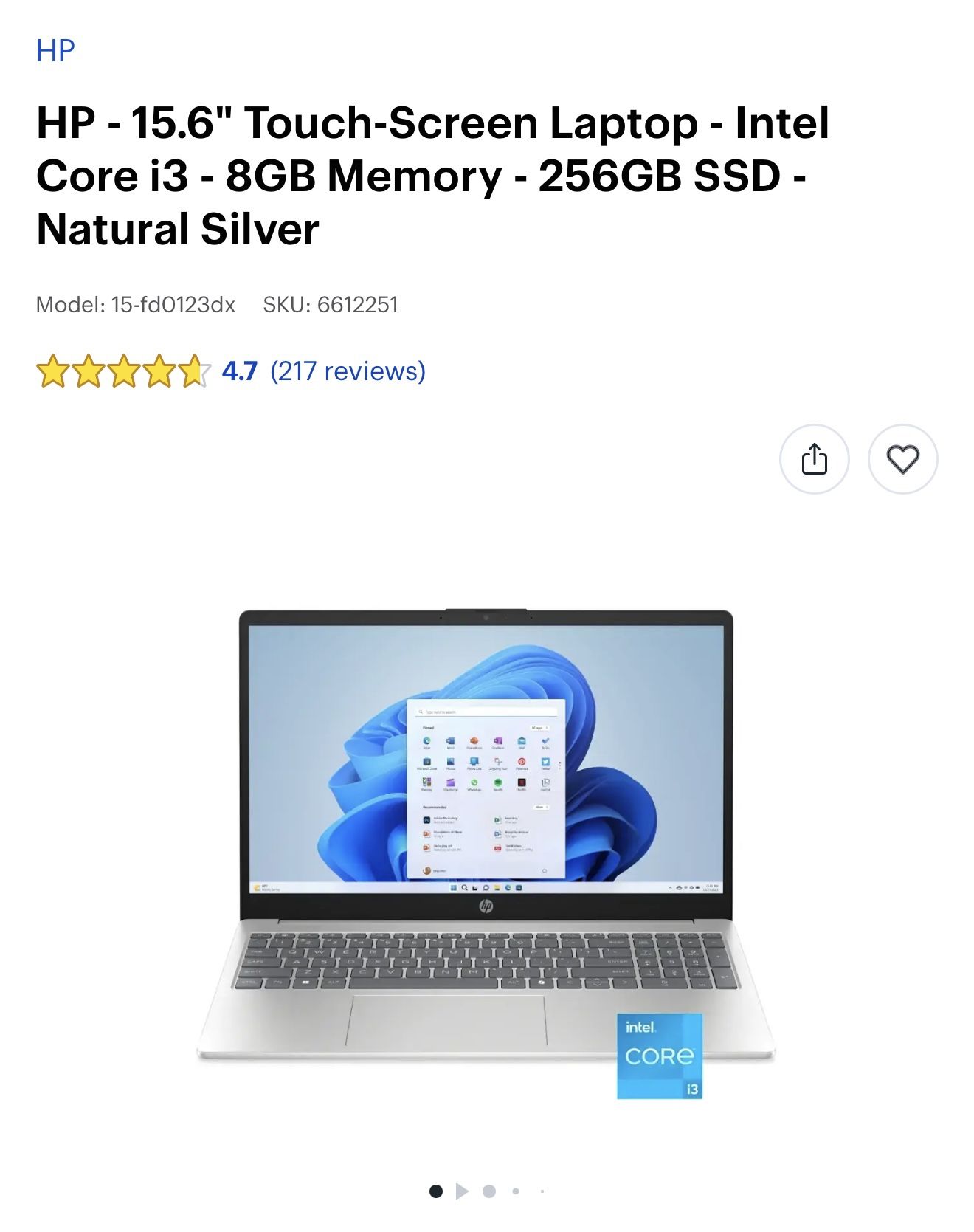 HP - 15.6" Touch-Screen Laptop - Intel Core i3 - 8GB Memory - 256GB SSD - Natural Silver