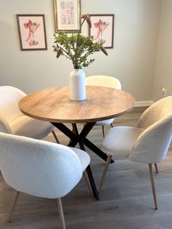 Round Wood Dining Table with Black Metal Base