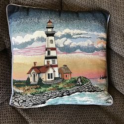 Tapestry Style Lighthouse Throw Pillow/ Scatter Cushion. Measures 12”x12”.