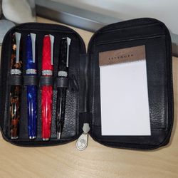 Levenger Black Leather Pen Case w/ 4 Pens