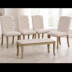 5 Pieces Upholstered Chairs & Bench For Dining Room Natural Wood [NEW] **Assembly Req** 