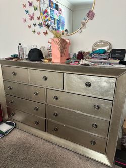 Silver/gold  9-Drawer Dresser, matching nighstand and another nightstand that looks similar