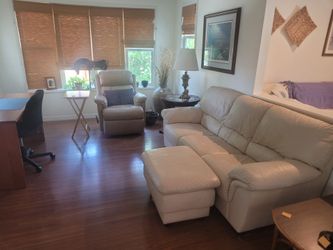 Leather couch   Recliner, Two end  tables