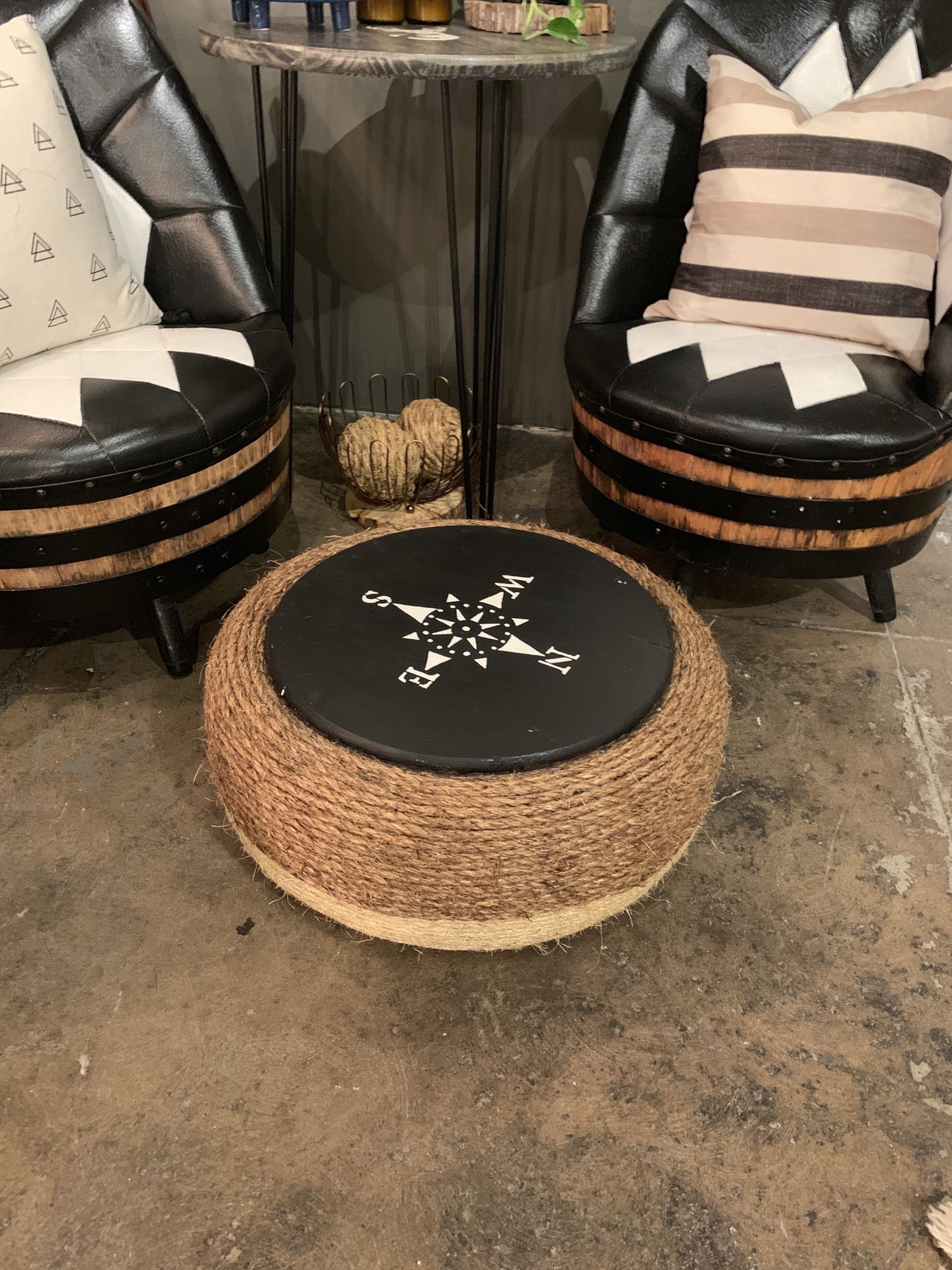 Recycled tire ottoman with wood top