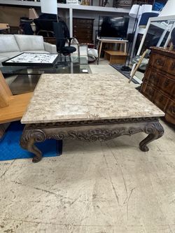 Marble Top Coffee Table with Carved Wood Base