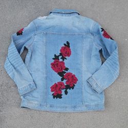 Arizona Jean Co Distressed Embroidered Roses Jean Denim Jacket