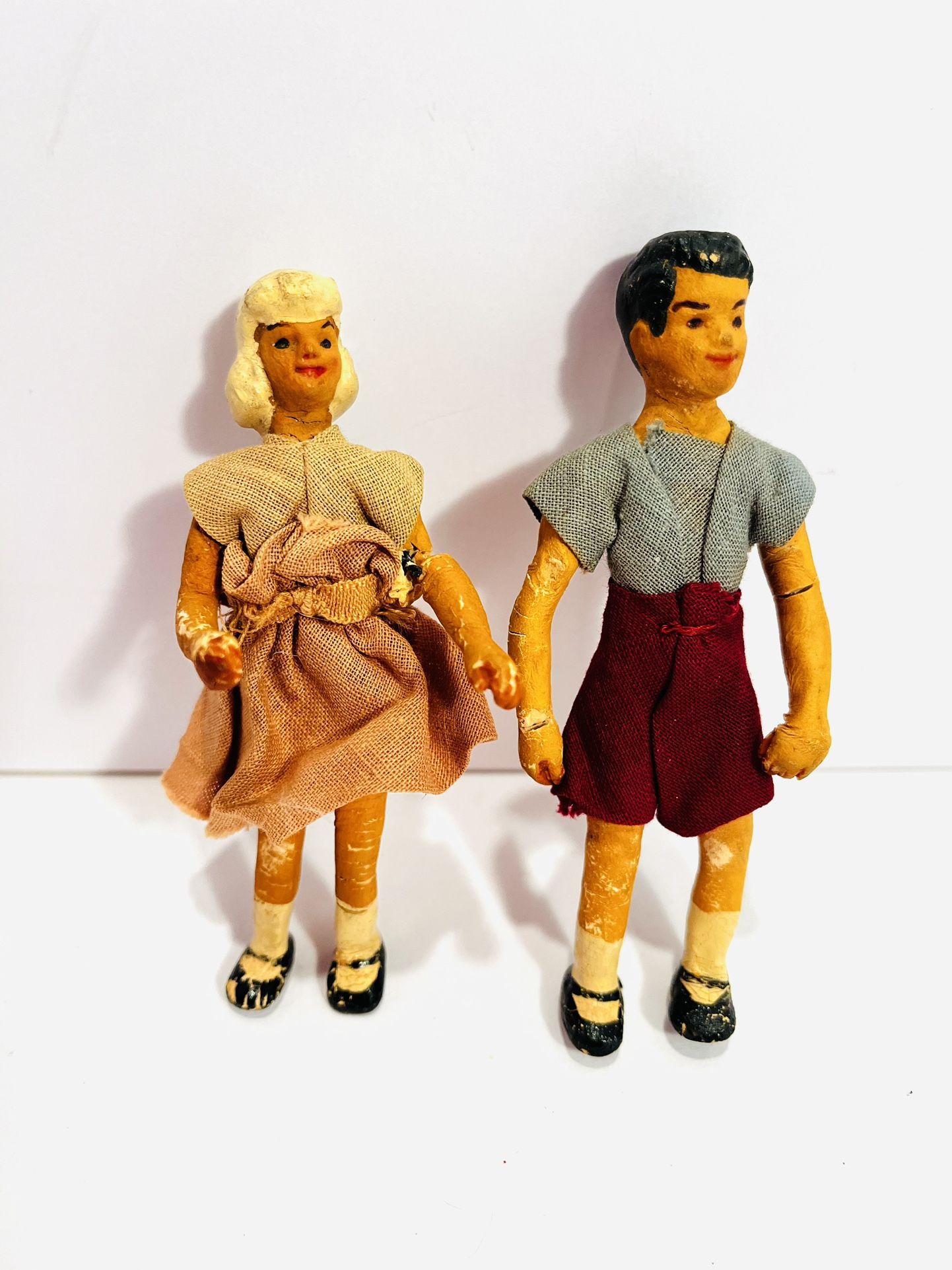 Vintage Dollhouse Dolls - Girl / Boy Poseable Wooden Dolls Caco style Antique