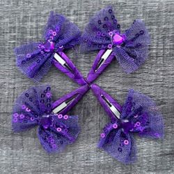 Set of 4 Purple Snap Clip Hair Clips with Mesh, Sequins, & Heart Rhinestones