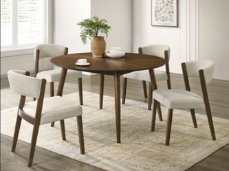 Brand New Walnut & Beige Mid-Century Modern Style 5pc Dining Table Set
