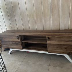 Industrial Farmhouse Style Wood And White Tv Stand With Shelving And Cabinets For Storage