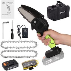 Mini Chainsaw Cordless,4-inch Electric Chainsaw with Rechargeable Batteries and 2Pcs Chain,20v Battery Powered Chainsaw,Small Handheld Chainsaw for Tr