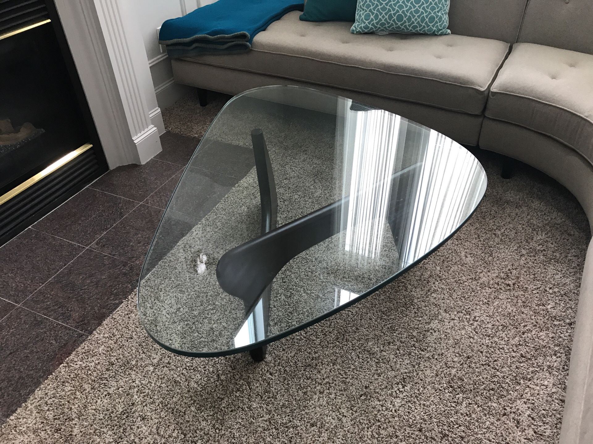 Glass top coffee table, espresso wood legs