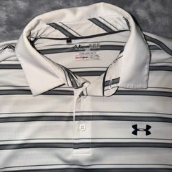 Men’s L Under Armour White With Grey Stripes Heat Gear Loose Fit Shirt XL