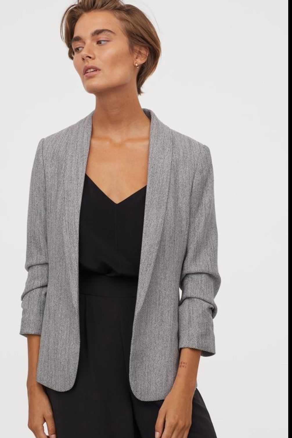 H&M shawl collar gray open front scrunched quarter sleeve tweed blazer jacket 10