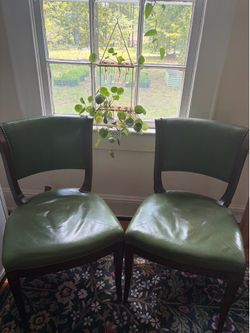 Green Leather and Wood Chairs