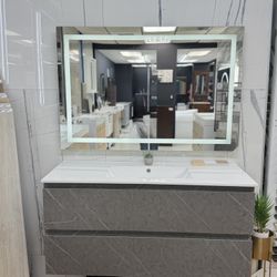 48” Cement Gray Floating Bathroom Vanity With LED Light Drawers