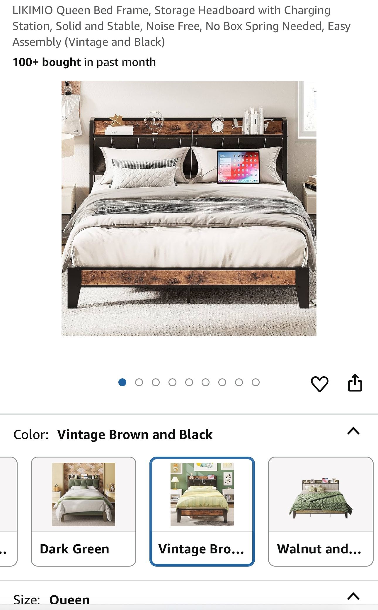 Queen Bed Frame, Storage Headboard with Charging Station, Solid and Stable, Noise Free, No Box Spring Needed, Easy Assembly