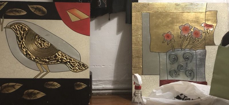 2 matching paintings about 24/24 inch gold & silver