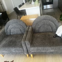 Linen Upholstered Accent Chair with Rainbow-Inspired Backrest and Wood Legs, Grey