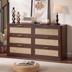 Rattan 6 Drawer Dresser for Bedroom, 54" Wide Walnut