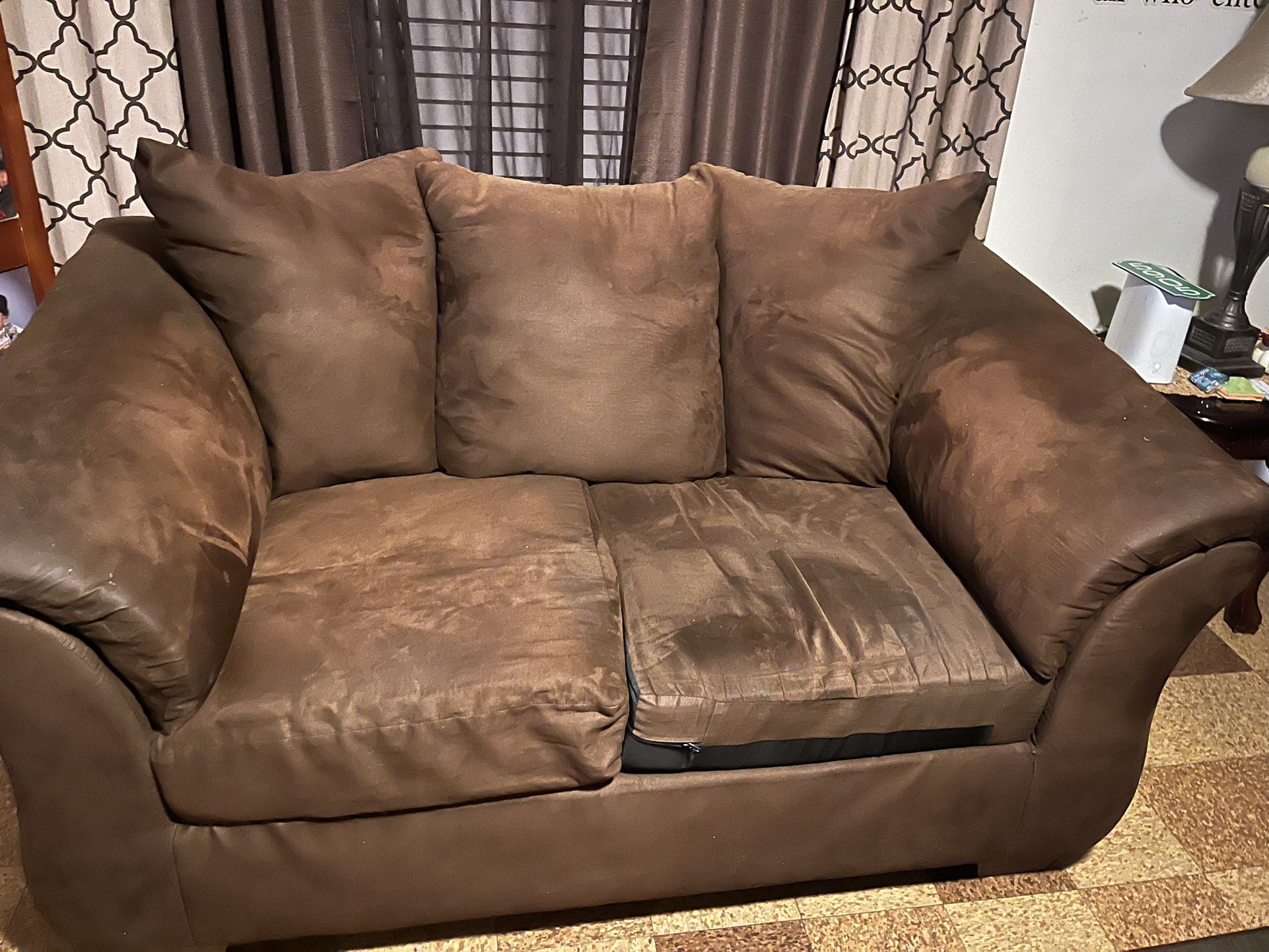 Chocolate Couch, Love Seat And 2 Brown Bar High Chairs