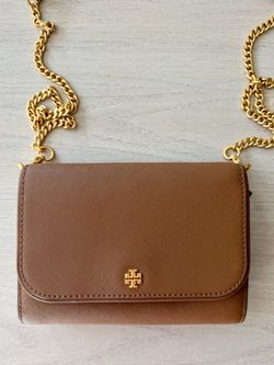 Tory Burch Brown Wallet Crossbody with Gold Chain - Brown