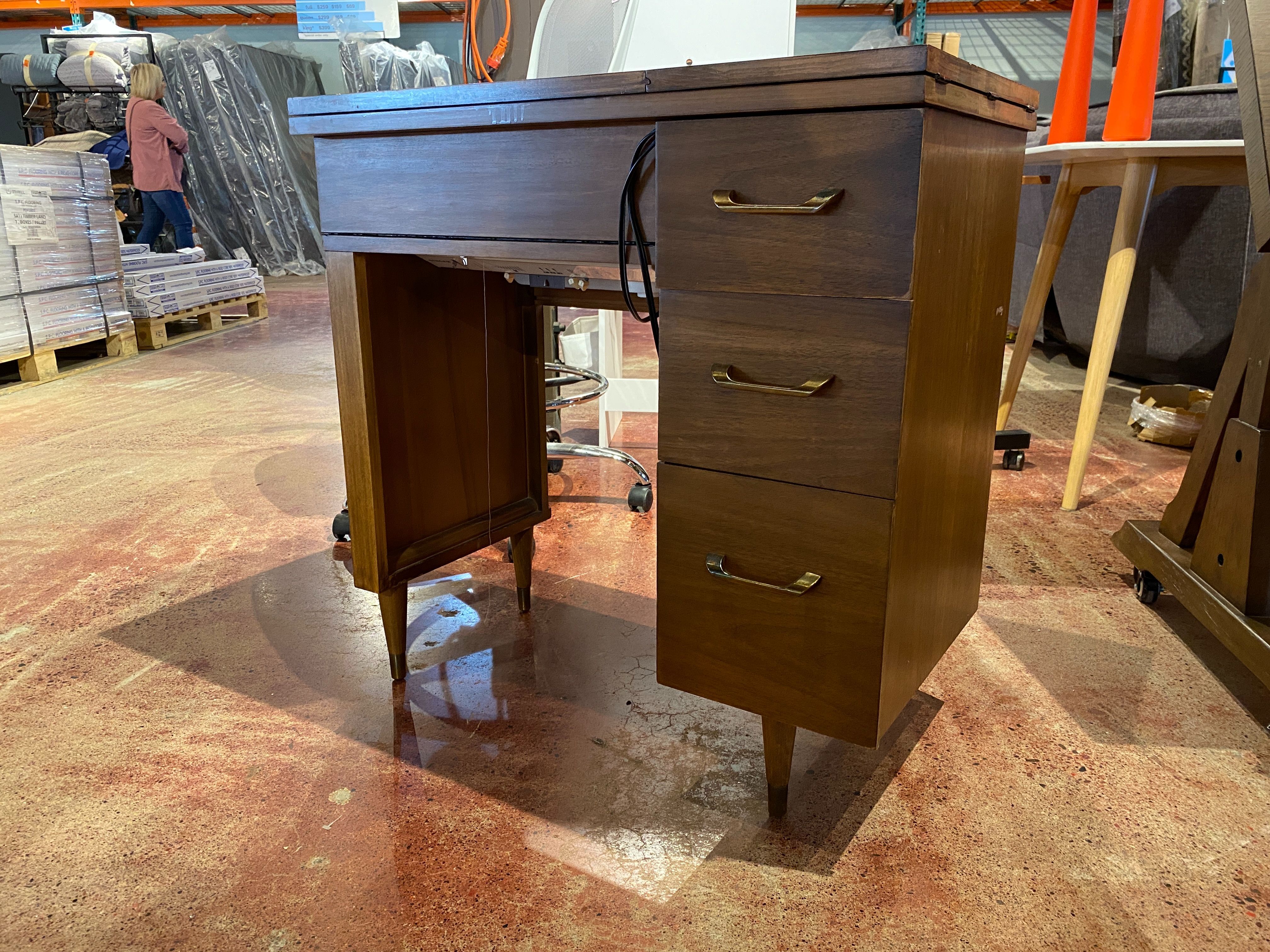 Vintage Mid-Century Modern Walnut Desk with Flip-up Sewing Machine