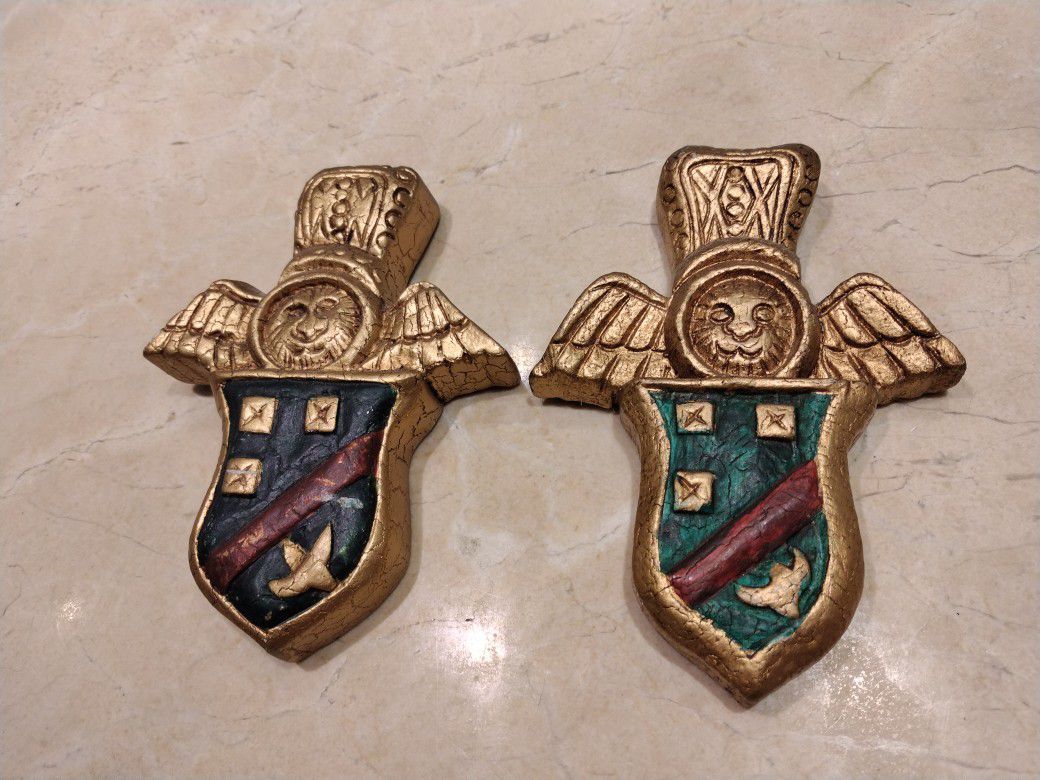 Italian Gold Painted Decorative Wood Military Insignias Set of 2