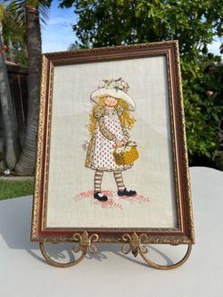 15” Framed Holly Hobbie with Floral Basket Embroidery Art Home Decor