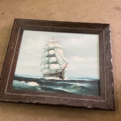 Vintage original sailboat ship Framed oil Painting signed