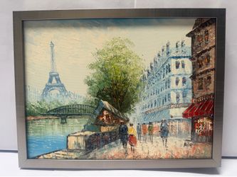 Hand-drawn Paris Street Scene Oil Painting 17” x 14”