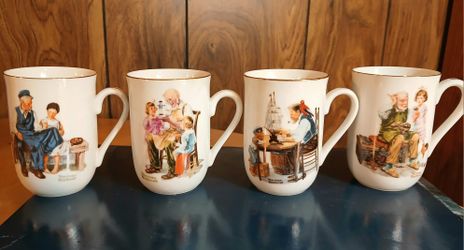 Vintage 1982 NORMAN ROCKWELL: (4) Stamped/ Signed Porcelain Coffee-Style Collector Mugs - 22k Gold Trim