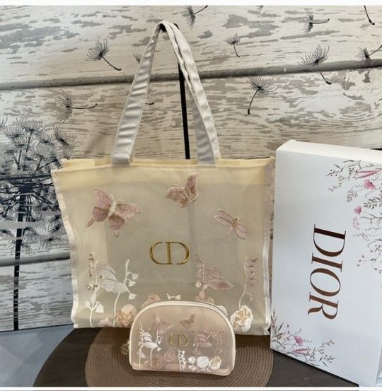 Butterfly Floral Embroidered Tote & Matching Cosmetic Bag